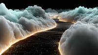 A lighted pathway through a sea of clouds. Computer generated image.