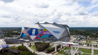 Drone photo of FIFA decorated Mercedes-Benz Stadium in Atlanta Georgia