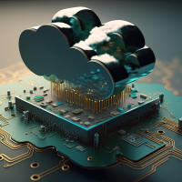 Graphic of a circuit board with a set of interconnects leading to a cloud