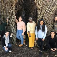 <p>Group photo of the first class of BBISS GRA Scholars in front of the EcoCommons Patrick Dougherty Sculpture installation. They are Katherine Duchesneau, Ioanna Maria Spyrou, Meaghan McSorley, Bettina Arkhurst, Udita Ringania, Yilun 'Elon' Zha, and Marjorie Hall.</p>