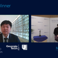 <p>Cheng Qi (left), with Marcus Weldon, president of Nokia Bell Labs, at the 2020 Bell Labs Prize virtual awards ceremony.  </p>