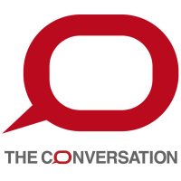 The Conversation logo, a red quotation bubble with the words &quot;The Conversation&quot; below it.