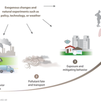 Simple schematic documenting the path of air pollution from emissions to outcomes. This review discusses the challenges of measuring how emissions of pollutants (step 1) disperse through the air (step 2) to become eventual exposures (step 3) and health outcomes (step 4).
