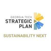 A logo with the words "Georgia Tech Strategic Plan" over "Sustainability Next" with an abstract half-flower with blue, yellow, and gold rectangular petals.