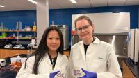 Grace Tang (Left) and Alison Onstine (Right) holding bacteria plates that spell "BIOL 4590" (Credit: Tang and Onstine)