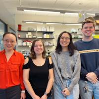 School of Biological Sciences Associate Professor Liang Han (left) with members of her lab, including Laboratory Technicians Katy Lawson (center left) and William Hancock (right), as well as biology Ph.D. student Rossie Nho.