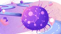 Illustration of cancer cells along a road with location markers next to each cell to represent the cancer "atlas" Gabe Kwong and his collaborators are building.