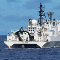 <p>One of two ships involved in collecting data for the study sailing in the North Pacific Subtropical Gyre. Photo credit: Tara Clemente.</p>