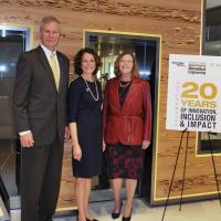 <p>Coulter Department Chair Susan Margulies (center) is flanked by Georgia Tech President Bud Peterson and Emory University President Claire Sterk.</p>