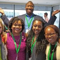 <p>Manu Platt, in the back, reunites with some of his former students at the Biomedical Engineering Society Annual Meeting: from left to right, Meghan Ferrall-Fairbanks, Monet Roberts, Simone Douglas-Green, and Adeola Michael, whom Platt called a “short but powerful crew.” Platt has won the 2021 Mentor Award from the American Association for the Advancement of Science, thanks to a nomination effort led by Roberts and Douglas-Green. (Photo Courtesy: Manu Platt)</p>