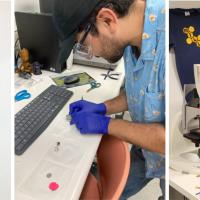 Picture of Dard Hunter and Tekumalla Venkajee during their travels in the Indian subcontinent (left). Daniel Vallejo, Ph.D., prepping the loom fiber sample for Scanning Electron Microscopy (middle), Nasreen Khan, Ph.D., analyzing loom fiber with an optical microscope (right) in Georgia Tech Microscope