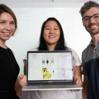 The research team behind the Georgia COVID-19 Vaccination Dashboard (L to R): Dima Nazzal, CHHS research director, and Ph.D. students Akane Fujimoto and Tyler Perini. Not pictured: Pinar Keskinocak, co-founder and director of the Center for Health and Humanitarian Systems