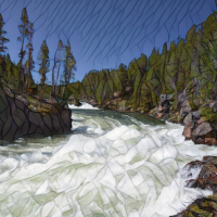 A mosaic-like illustration of a turbulent river