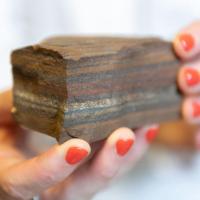 <p>Ancient tiger eye BIF (banded iron formation) rock with varying layers that include iron that fell out of ancient oceans. An eon ago, oceans appear to have been full of ferrous iron, which would have facilitated production of N2O (laughing gas). Credit: Georgia Tech / Allison Carter</p>