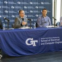 <p>During the visit, SRC’s President and CEO, Todd Younkin (second from left), participated in an ECE Panel Discussion with Roland Sperlich (second from right) of Texas Instruments and Fernando Mujica (right) of Apple Inc. The panel, moderated by ECE Professor Muhannad Bakir (left).</p>