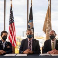 <p>Lt. General Nina M. Armagno, U.S. Space Force director of staff, with Georgia Tech Executive Vice President for Research Chaouki T. Abdallah and Provost Steven W. McLaughlin (L to R).</p>