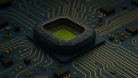 Stock image that shows a soccer stadium as the center of an AI chip design