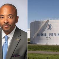 <p>A portrait of Raheem Beyah is next to an image of a Colonial Pipeline company storage tank.</p>