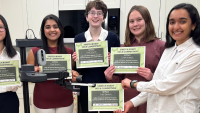 Michelle Gu, Aditi Ashok, Caitlin Woodward, Elizabeth Thompson, and Vedita Sawhney pose with Stretch and their award certificates. They won $1000 and the opportunity to develop their concept in the Aware Home. 