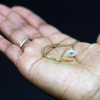 <p>An earring is shown paired with a transdermal patch backing. The white ring is the patch containing the contraceptive hormone. (Credit: Mark Prausnitz, Georgia Tech)</p>