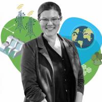 Portrait of Emily Grubert with Earth, environment, and infrastructure graphics in the background.