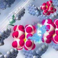 <p>Researchers used ultraviolet light to excite molecules in a semiconductor, triggering reactions that split up and activated a dopant. Credit: Princeton University / Jing Wang and Xin Lin</p>