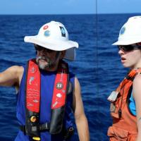 <p>Georgia Tech Professor Joe Montoya and graduate student Sarah Weber prepare to recover equipment used to gather water samples in the Gulf of Mexico. (Credit: Ryan Sibert, University of Georgia)</p>