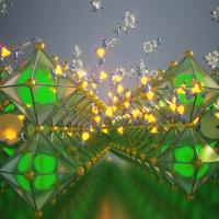 3D illustration of diamond-shaped perovskite structure in longs rows stacked in two layers.