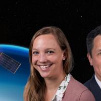 A photo illustration of two faculty members set against a backdrop of a satellite in space