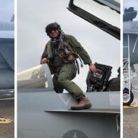Left: David Picinich (center) with his fiancé and son in 2019. Center: David Picinich pictured in 2019 taking one last flight in an EA-18G Growler before retiring from the Navy. Right: David Picinich (left) stands with Brian Arena, the former commanding officer of the U.S. Navy's Electronic Attack Squadron 209, in front of an EA-18G Growler at Naval Air Station Whidbey Island in 2019. Photo credit: David Picinich.