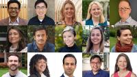 Collage of multiple individual portrait photos arranged in a grid, showing people photographed from the shoulders up in a variety of indoor and outdoor settings. Backgrounds include office spaces, greenery, campus walkways, and neutral studio backdrops, with individuals wearing professional or business‑casual clothing. The images vary in lighting and composition but share a consistent head‑and‑shoulders portrait style.