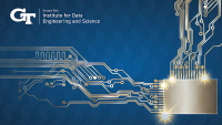 This image features the logo for the Georgia Tech Institute for Data Engineering and Science. It displays a stylized, abstract graphic of a circuit board and a semiconductor chip against a deep blue background. The design emphasizes concepts related to data science, engineering, and artificial intelligence