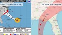 Side‑by‑side comparison graphic showing two hurricane forecast visualizations. The left panel, labeled ‘Conventional Hurricane Map,’ displays a white cone of uncertainty over the Atlantic Ocean and southeastern United States with dated forecast points for Hurricane Florence, while the right panel, labeled ‘Inclusive Hurricane Map,’ shows a red shaded impact corridor over Florida, Georgia, Alabama, and South Carolina with a storm track line and icons indicating storm categories near cities such as Atlanta, T