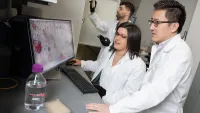 Three Georgia Tech researchers working together in the lab on cancer research