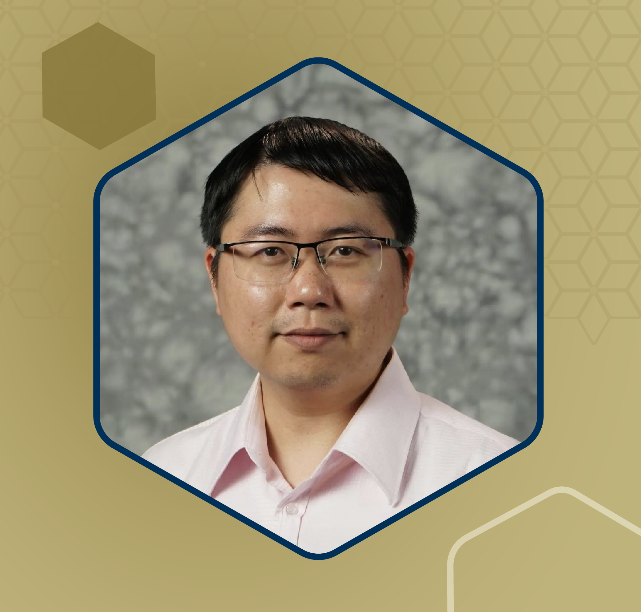 Professional headshot of an individual wearing a light-colored button-down shirt against a textured gray background.